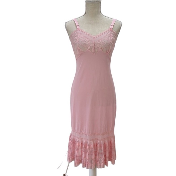 Vtg Top Form Pink Nylon Midi Nightie Negligée Chemise Pleated Lace Hem S… - Picture 1 of 12